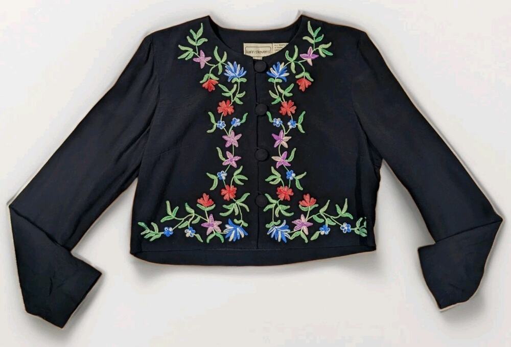 Vintage Karin Stevens Jacket Size 6 Floral Embroidered Cropped Rayon 90s Navy